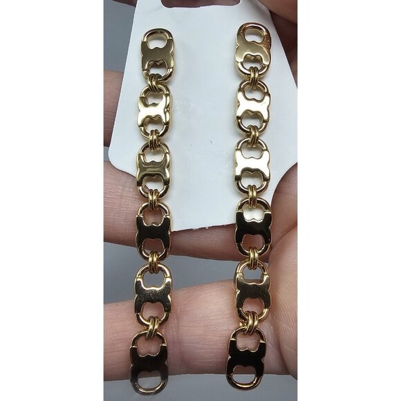 Tory Burch Drop Earrings Gold Tone Logo Gemini Chain Link Dangle Women’s 3" - Picture 2 of 7